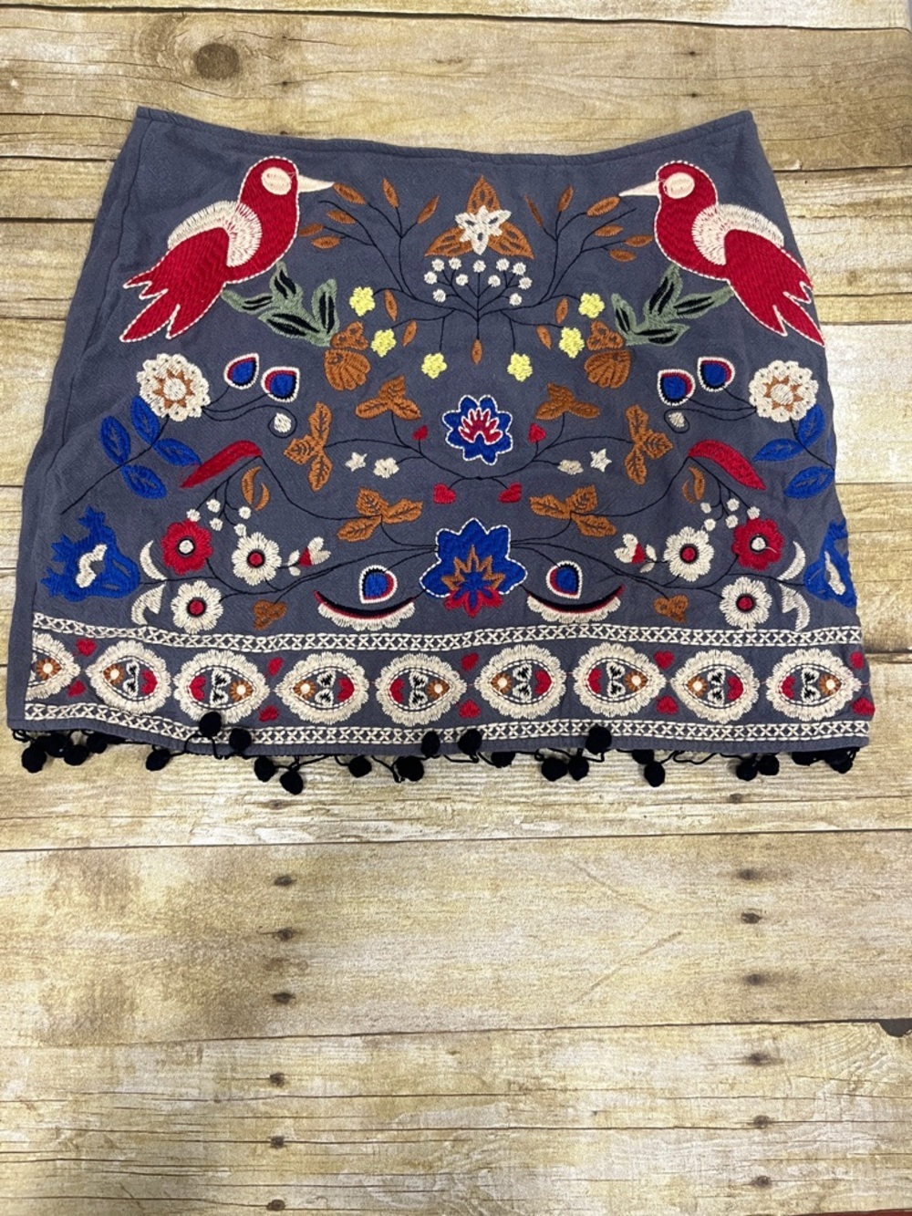 Umgee Gray Embroidered Mini Skirt with Red & Blue Bird Motifs Size M